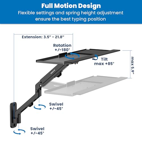 Mount-It! Keyboard Wall Mount with Pole Option, Adjustable Keyboard and Mouse Tray with Spring Arm, Full Motion Swivel Tilt Extension, Ergonomic Workstation for Medical, Office, and Sim Racing