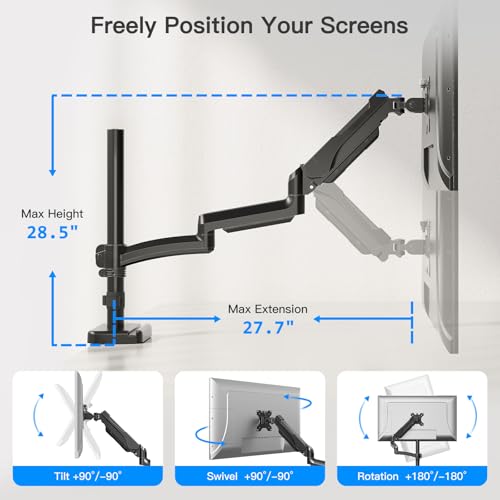 ErgoFocus Long Arm Monitor Mount, 13 to 32 inch Computer Desk Mount, Extra Long Adjustable Stand, Hold up to 19.8lbs, Tall Arm with Tilt, Swivel, Rotation, VESA 75/100mm