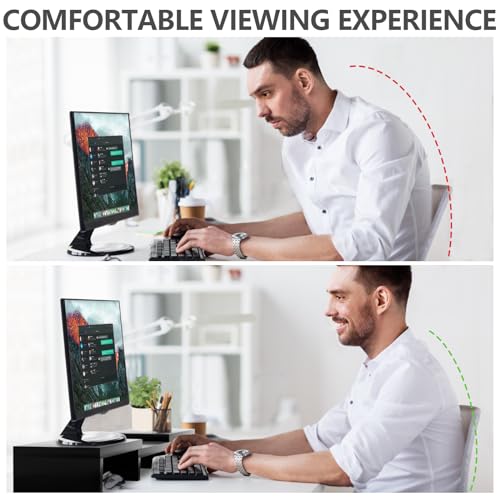 TAVR Dual Monitor Stand Riser Office Desktop Organizer Stand for 2 Monitors, Adjustable Length and Angle 3 Shelf, Extra Long Multifunctional Wooden Stand up to 43.3" fit Computer, Laptop, TV, Black