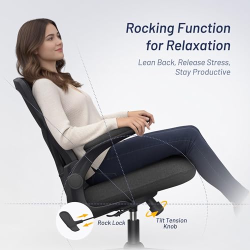 QLTPLUS Office Desk Chair for Long Hours & Lower Back Pain Relief – 4“ Thick Molded Foam Cushion, Enhanced Lumbar Support, Padded Flip-up Armrests, Ideal for Office or Study, Black