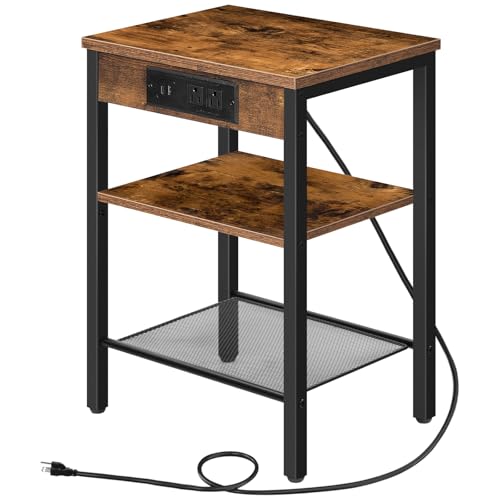 HOOBRO Side Table with Charging Station and USB Port, Small End Table for Small Space, 3-Tier Nightstand with Adjustable Shelf, for Living Room, Bedroom, Rustic Brown BF112BZ01