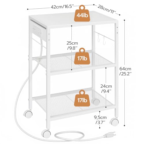 HOOBRO Industrial Printer Stand, 3-Tier Mobile Printer Table, Rolling Cart with Power Outlets and USB Ports, Home Printer Stand with 2 Hooks, for Office, Living Room, White WW22UPS01