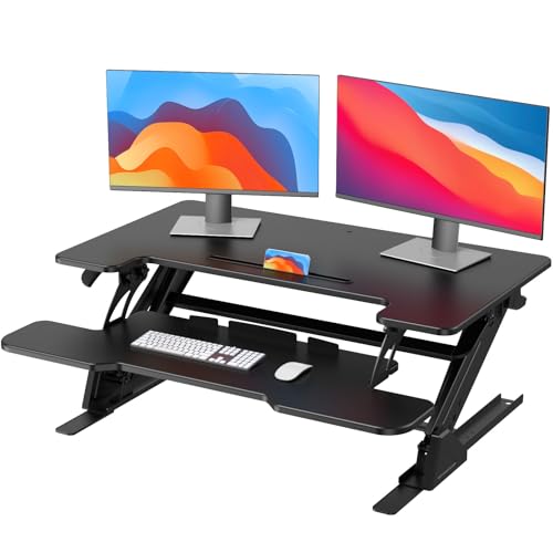 HUANUO 36" Z Shaped Stable Standing Desk Converter, Height Adjustable Sit Stand Up Desk Riser, Dual Monitor and Laptop Workstation with Wide Keyboard Tray, Desk Lifter for Home Office,Black
