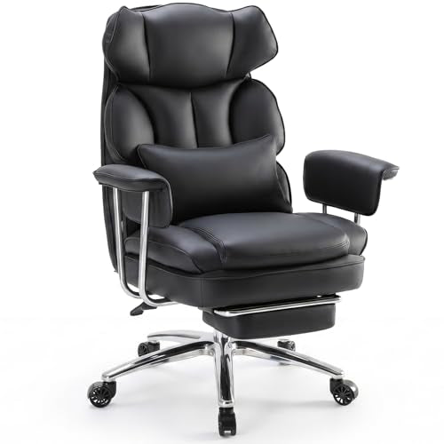 Sweetcrispy Executive Home Office Desk Chair - Ergonomic Big Tall High Back with Footrest & Lumbar Support, Reclining Height Adjustable, Comfy PU Leather Computer Gaming with Swivel Wheels, Black