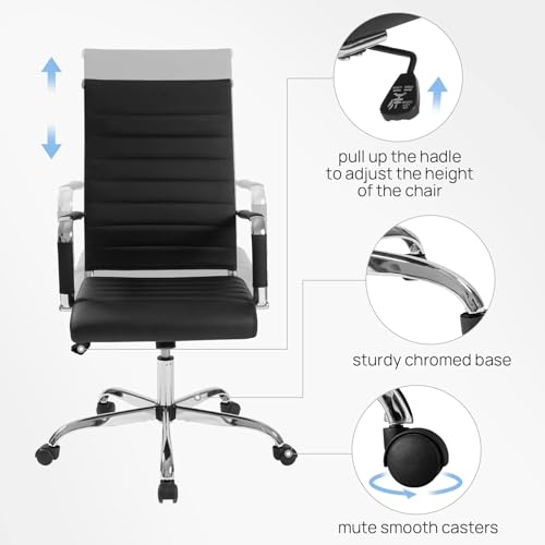 Walmokid Office Desk Chair with Wheels Set of 8, Ergonomic Black Leather Conference Room Chairs Height Adustable | Ribbed High Back | Swivel Rolling Task Chair, Black