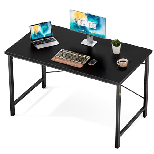 Sweetcrispy Computer Office Desk 48 Inch Student Study Writing Work with Metal Frame Wood Tabletop Modern Simple PC Home Bedroom Table - Basic Black, Compact Sturdy Desk for Laptop, Study, Gaming