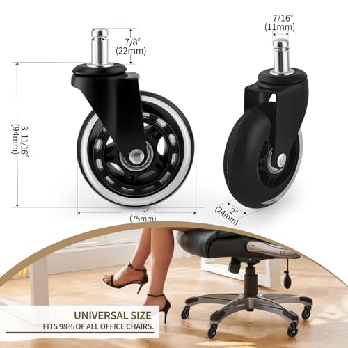 RangkingCaster 3 Inch Office Chair Wheels,Heavy Duty Replacement Casters for Furniture Computer Gaming Chairs,Silent Rubber Wheels Safe for Hardwood Carpet All Floors,Fits 98%,Set of 5