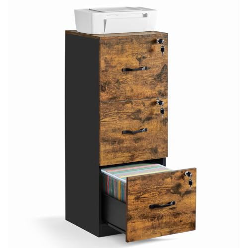 VASAGLE Custos Collection File Cabinet, 3 Drawer Filing Cabinet for Home Office, with Wheels, for A4, Letter Sized Documents, Hanging File Folders, Rustic Brown UOFC055KD01