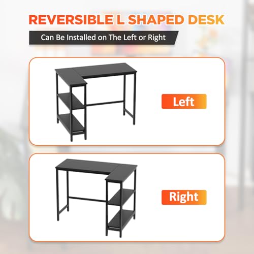 PayLessHere 39 Inch L-Shaped Computer Desk,Gaming Desk with Durable Metal Frame,Corner Desk with Reversible Storage Shelves for Home Office Gaming Study,Black (39 inch)