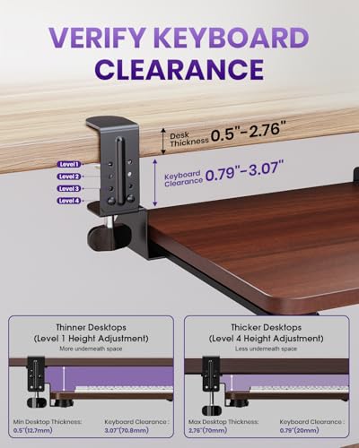 Zontera Ergonomic Mouse & Keyboard Tray Under Desk, Pull Out with Adjustable C-clamp, 20 (25.9 Including Clamps) x 11.8 Inch Slide Out Computer Keyboard Drawer Mouse Tray for Typing, Walnut
