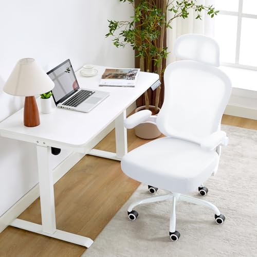 TUKAKA Ergonomic Office Chair,Ultra Thick Office Desk Chair with Adjustable Lumbar Support and Headrest,Spring Cushion,Rocking Function,Flip-up arms,Mesh Computer Chair for Home Office,White