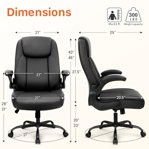 NEO CHAIR Office Desk Gaming Computer Home Chair Ergonomic Executive High Back Support Flip-up Arms Adjustable Height Swivel Rolling Wheels Comfy PU Leather (Black)