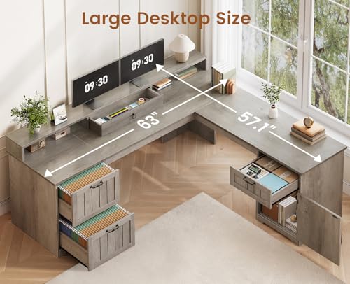 SEDETA 63" L Shaped Desk with Drawers, Farmhouse Corner Computer Desk, Wood Office Desk with File Drawers with Storage, Executive Desk with Monitor Stand and Storage Cabinet, Grey