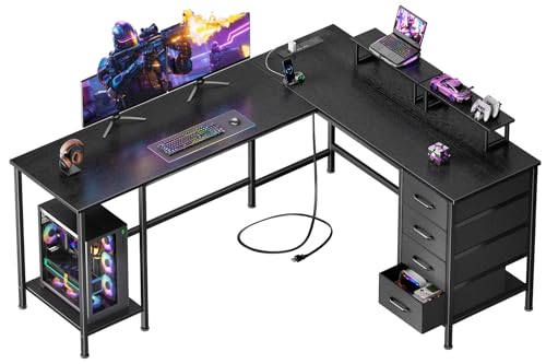 Korfile 59 inch L Shaped Computer Desk with Power Outlets, Home Office Desk with 4 Adjustable Storage Drawers & 2 Monitor Stands, Two Person Gaming Table for Bedroom, Black