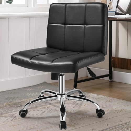 OUTMASTER Black Office Chair with Wheels - 360° Swivel Armless Back Support，Comfortable Pu Adjustable Rolling Desk Chairs for Office，Home，Vanity，Bedroom，Big Space (Widened Black)