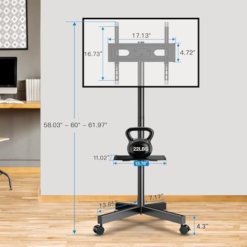 PERLESMITH Rolling TV Stand, Mobile TV Stand for 23-60 Inch LCD LED TVs, Tilt TV Stand Wheels Holds up to 88Lbs, Portable TV Stand for Bedroom with Shelf, Outdoor TV Stand Max VESA 400x400mm PSTVMC06