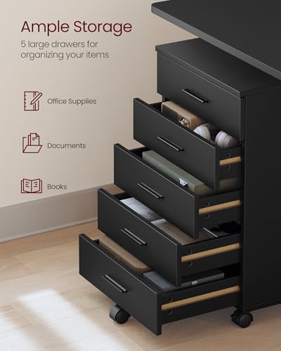 VASAGLE Custos Collection - File Cabinet, Mobile Pedestal Filing Cabinet with Wheels, Printer Stand with 5 Drawers, Tool-Free Sliding Rails, for Study, Home Office, Ink Black UOFC081BC01S