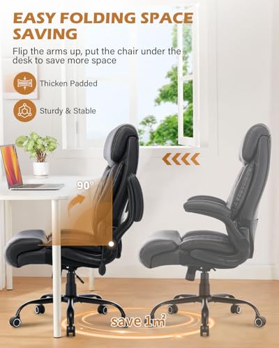 550LBS Big and Tall Office Chair for Heavy People,Ergonomic Office Chair with Padded Flip-Up Arms and Adjustable Lumbar Support,High Back Executive Leather Desk Chair with Rocking Function