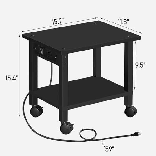 TUTOTAK 2 Tier Printer Stand, Rolling Printer Cart with Power Outlets and USB Ports, Mobile Printer Table with Wheels, for Under Desk, Office, Home, Black PS01BK001