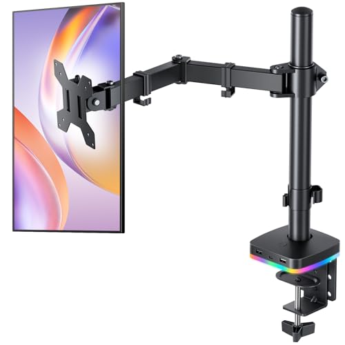 RGB Single Monitor Stand, Monitor Arm with 3 USB Ports, Charging and USB Data Transfer Function, Adjustable Desk Mount for 13"-27" Monitors up to 17.6lbs, VESA 75x75mm 100x100mm, Ergonomic Design