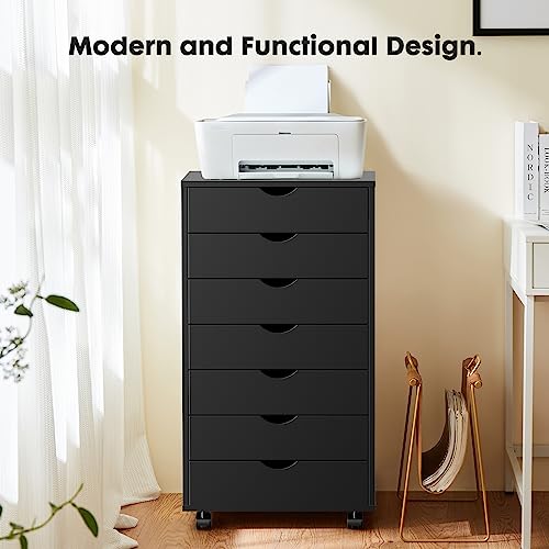 OLIXIS 7 Drawer Mobile File Cabinet Under Desk Storage Organization with Wheels Vertical Filing Chest Rolling Wood Small Desk Printer Stand for Home Office, 15.75"D x 18.74"W x 34.25"H, Black