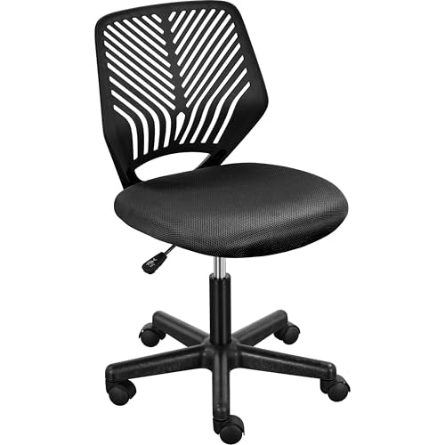 Yaheetech Student Desk Chair, Low-Back Armless Study Chair with Lumbar Support, Adjustable Swivel Office Chair for Home Bedroom School, Black