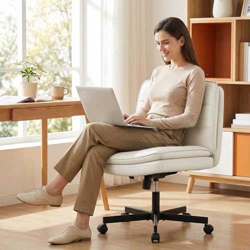 GTPLAYER Cross Legged Office Chair, Armless Desk Chair Cute Vanity Chair with Wheels Computer Chair Comfy Wide Office Chair Adjustable Swivel for Home Computer Task,Pu Leather Beige