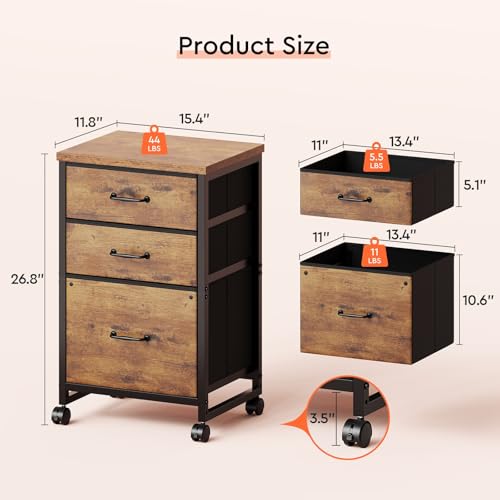 Maihail 3 Drawer Mobile File Cabinet with Wheels Fabric Vertical Filing Cabinet fits A4 or Letter Size for Home Office,Rustic Brown2