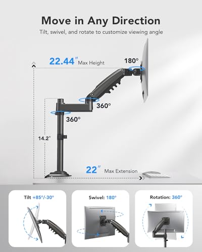 HUANUO Single Monitor Arm, Adjustable Desk Mount for 13-34 inch Screens, Holds 19.8lbs, 22.44 inch Max Height, Full Motion Swivel Gaming Monitor Stand with VESA 75x75mm and 100x100mm Compatibility