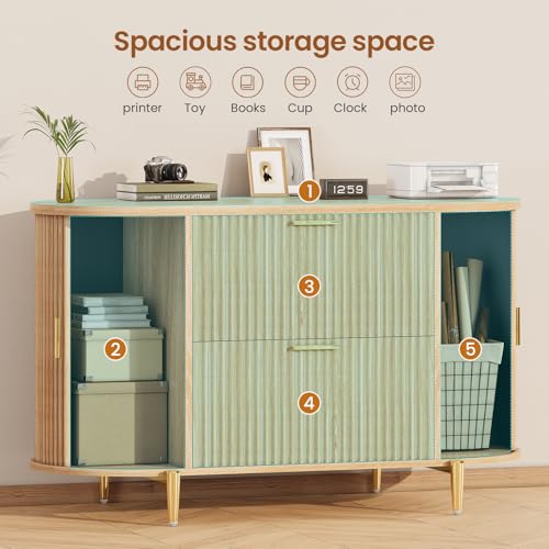 SEDETA 2 Drawer File Cabinet, 39.4" Filing Cabinet for Home Office, fit Legal/Letter/A4 Size, Modern Fluted Filing Cabinets with 2 Sliding Door Storage, Printer Stand, Natural