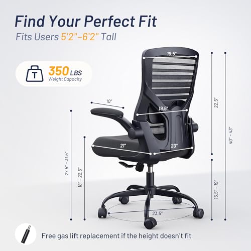 QLTPLUS Office Desk Chair for Long Hours & Lower Back Pain Relief – 4“ Thick Molded Foam Cushion, Enhanced Lumbar Support, Padded Flip-up Armrests, Ideal for Office or Study, Black