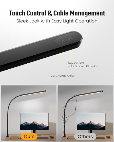 SUPERDANNY Eye-Caring LED Desk Lamp 360° Flexible Gooseneck Work Lamp with Desk Side Clamp Touch Control 3 Light Colors Smooth Dimming Task Lighting Reading Light for Home Office College Dorm, Black