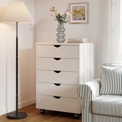 Sweetcrispy 5 Drawer Chest Mobile Storage Cabinets Small Wooden Dresser with Wheels Room Organization Furniture for Office Home, Rolling Vertical Organizer for Home Office, White Wood