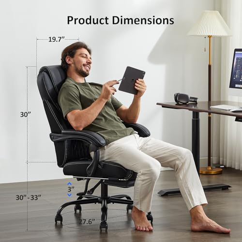 amseatec Big and Tall Office Chair with Footrest, Ergonomic Leather High Back Computer Chair Infinite Lock Reclining 90°-135°,20 Spring Packs,300lbs Executive Desk Chair for Home Office（Black）