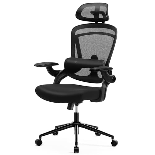 Sweetcrispy Office Ergonomic Desk Chair, 300 LBS Home Mesh Chairs with Wheels, 2D Headrest, Up&Down Lumbar Support, Swivel High Tall Back Computer with Flip-up Armrests, Dark Black