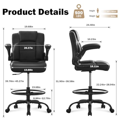 Ergonomic Drafting Chair,Tall Office Chair for Standing Desk with Flip-Up Armrests,Adjustable Foot Ring & Height, High Leather Executive Office Chair for Home,Drawing or Counter Height Use