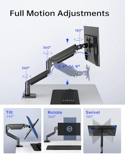 Single Monitor Stand for 13 to 32 inch Screens, Gas Spring Monitor Arm with Swivel, Tilt, Rotation, Height Adjustable, Desk Mount with C-Clamp and Grommet Base, Holds 4.4 to 19.8lbs Screen, Black