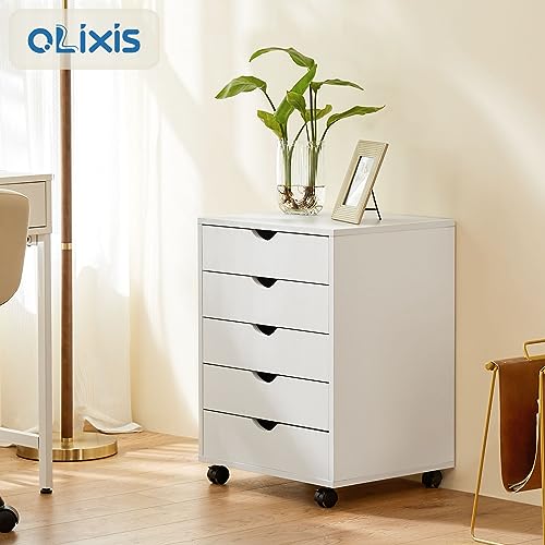 OLIXIS 5 Drawer Mobile File Cabinet Under Desk Storage Organization with Wheels Vertical Filing Chest Rolling Wood Small Desk Printer Stand for Home Office, 15.75"D x 18.74"W x 25.39"H, White