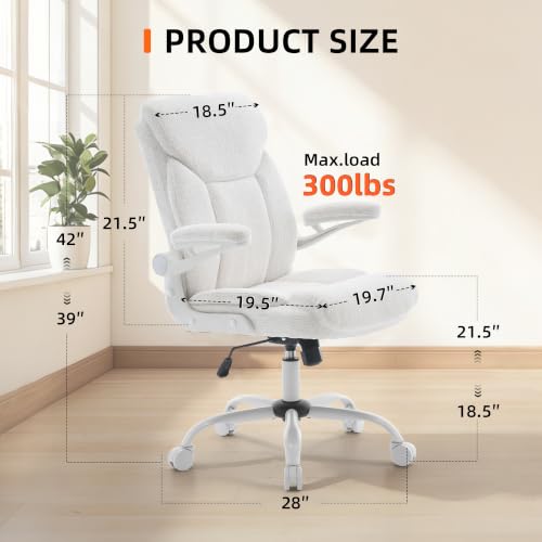 Home Office Ergonomic Desk Chair - Comfy Fabric Executive Chair with Flip-Up Armrests, Height Adjustable Computer Chair for Gaming, 360° Swivel & Rocking (White)