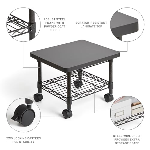 Safco Onyx Rolling Cart Printer Stand, Under-Desk Mobile Utility Table for Home Office with Steel Shelf, Black