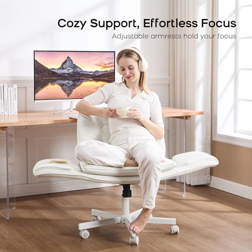 amseatec Criss Cross Office Chair, PU Leather Vanity Chair with 5-Level Adjustable Armrests & Swivel, Ergonomic Criss Cross Chair for Home Office Bedroom Makeup（White）