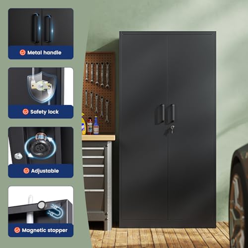 Yizosh Metal Storage Cabinet with Lock - 72" Garage Storage Cabinet with 2 Locking Doors and 5 Adjustable Shelves, Black Steel Lockable for Office,Home,Garage