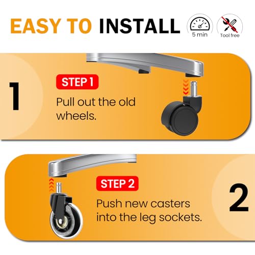 3-Inch Office Chair Caster Wheels for IKEA Chairs, 660 LBS（300kg Capacity, Heavy Duty Nylon Stem 3/8"-7/8", Transparent Rubber Wheels, Quiet & Smooth Rollers, Suitable for Hardwood Floors, Set of 5
