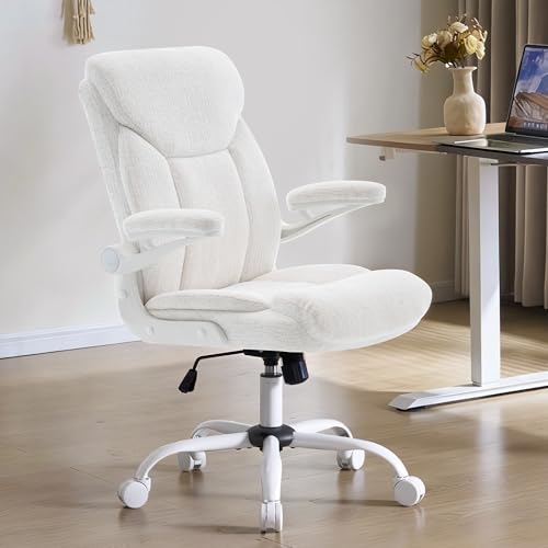 Home Office Ergonomic Desk Chair - Comfy Fabric Executive Chair with Flip-Up Armrests, Height Adjustable Computer Chair for Gaming, 360° Swivel & Rocking (White)