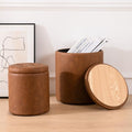 Round Ottoman with Storage Set of 2, 12.6"W x 14.17"H & 14.76"W x 17.32"H Faux Leather Button Tufted Storage Ottoman, Boucle Vanity Stool Footrest Coffee Table for Living Room, Bedroom, Brown