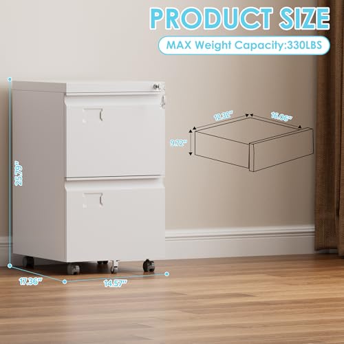 GangMei 2 Drawer File Cabinet with Lock, Under Desk Metal Rolling Filing Cabinet for Letter/Legal Size Folder, Mobile File Cabinet with 5 Wheels (Anti-Tilt) for Home Office, Assembly Required, White