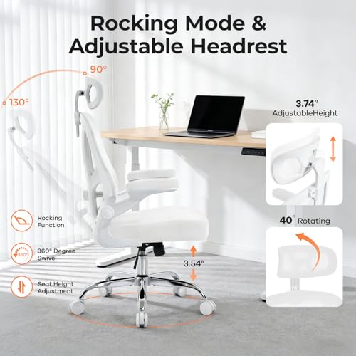 shipborne Office Chair Ergonomic Office Chair with Lumbar Support, Head Support, Rocking Function, FLIP-up Armrests, Mesh High Back Chair Home Office Desk Chair, Suitable for Home, Office, White