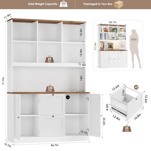 HIFIT 72'' Tall File Bookcase with Power Outlet & Printer Stand, 2 Drawer Filing Cabinets for Home Office Fit Hanging A4 File, Storage Cabinet w/ 3 Tier Open Book Shelf & Doors for Living Room, White