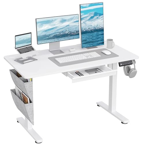 DSNAPE 48" x 24" Electric Standing Desk with Drawers, Height Adjustable Sit Stand Desk with 3 Preset Heights Side Hook Storage Pocket Cable Clips Ergonomic Rising Home Office Computer Table, White