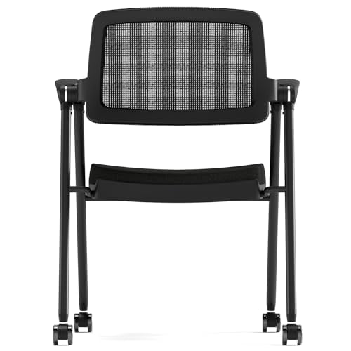 FYLICA Stackable & Foldable Office Chair Set of 2, Folding Desk Chair with Flip-Up Armrest, Breathable Mesh, Thick Seat Cushion & Rocking Backrest, Conference Room Chair with Wheel (Black)